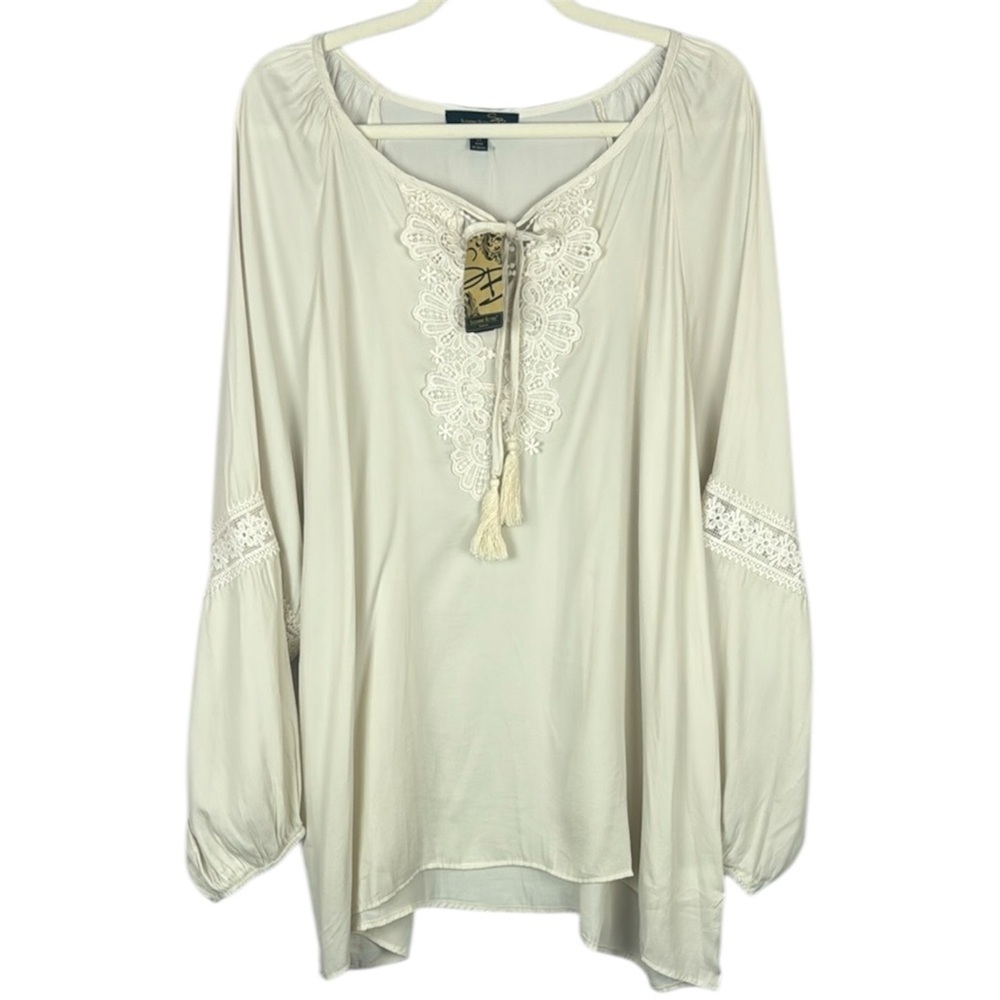 NWT Suzanne Betro Division Signature Ivory Lace Detail Tassel Tunic Size 2X